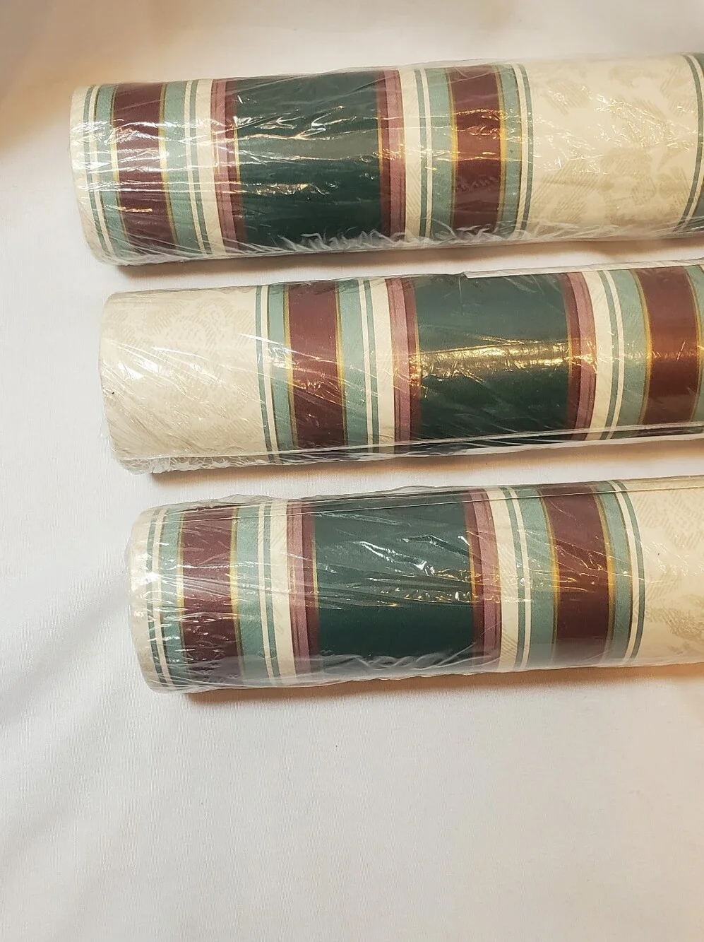 Shelbourne Vtg Striped Green Cream Wallpaper Double Roll 56.37 Sq Ft, Lot Of 3